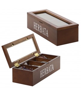 Drevená krabica na čaj "HERBATA" - hnedá (31x9x12 cm)