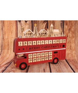 Adventný kalendár - drevený poschodový autobus - červený (45x34x8cm)