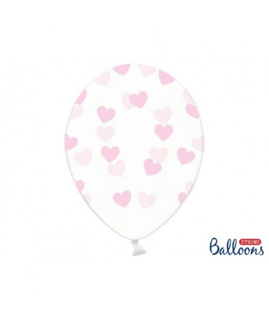Číre balóny so srdiečkami - Crystal Clear - 30cm, 6ks Ružová