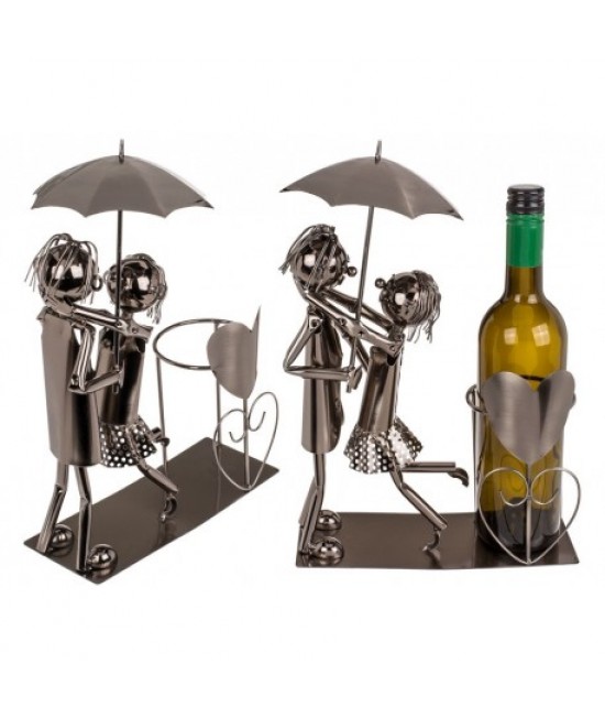 Kovový stojan na víno - zamilovaný pár s dáždnikom